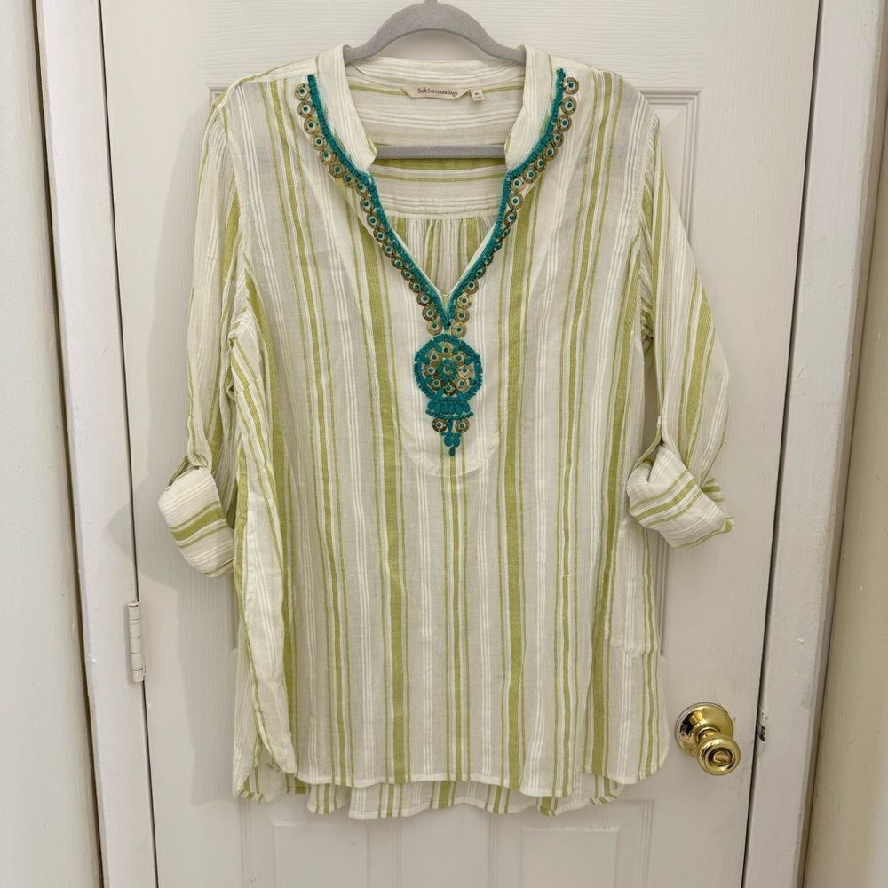 Soft Surroundings Elisha Tunic Size XL 100% Cotton Striped Beaded Shirt Boho